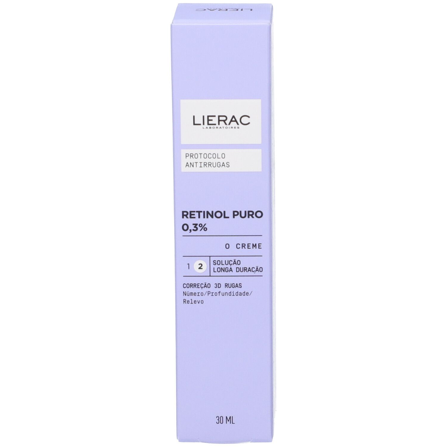 Fronte della scatola viola. Scritte: LIERAC, PROTOCOLO ANTIRUGAS, RETINOL PURO 0,3%, CREME.