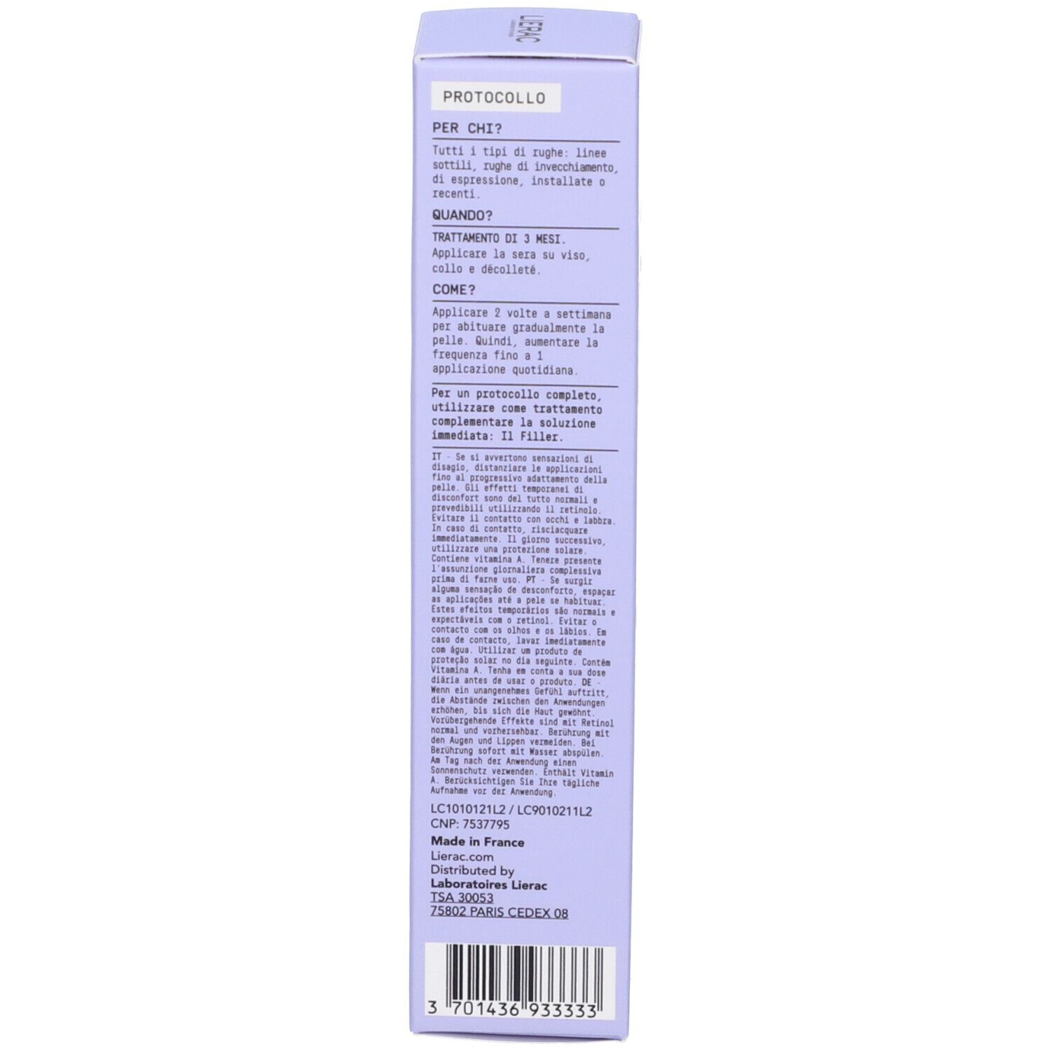 Retro della scatola viola. Testo multilingue. Informazioni sull'uso.