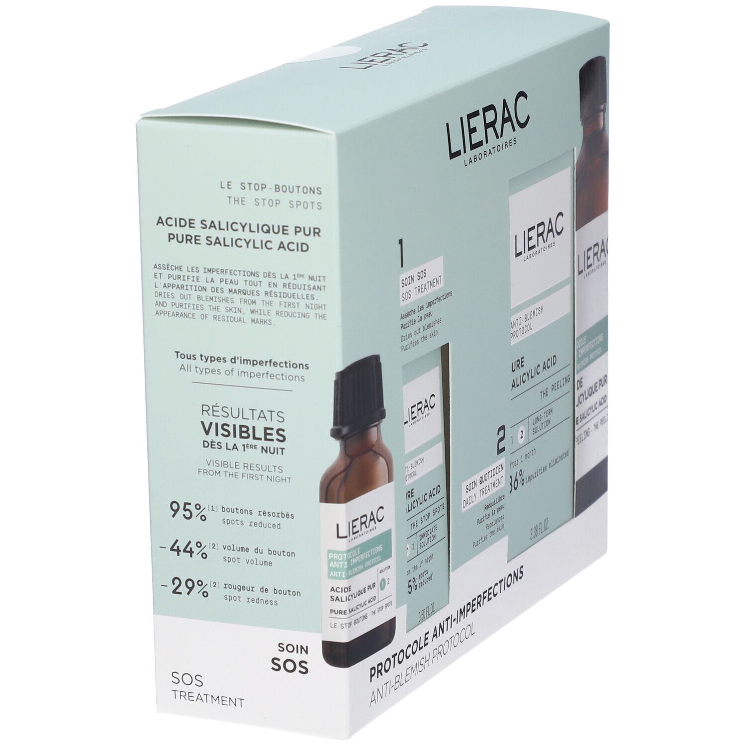 Confezione angolata con flacone e testo. Scritta: LIERAC, ACIDE SALICYLIQUE PUR, SOS TREATMENT.