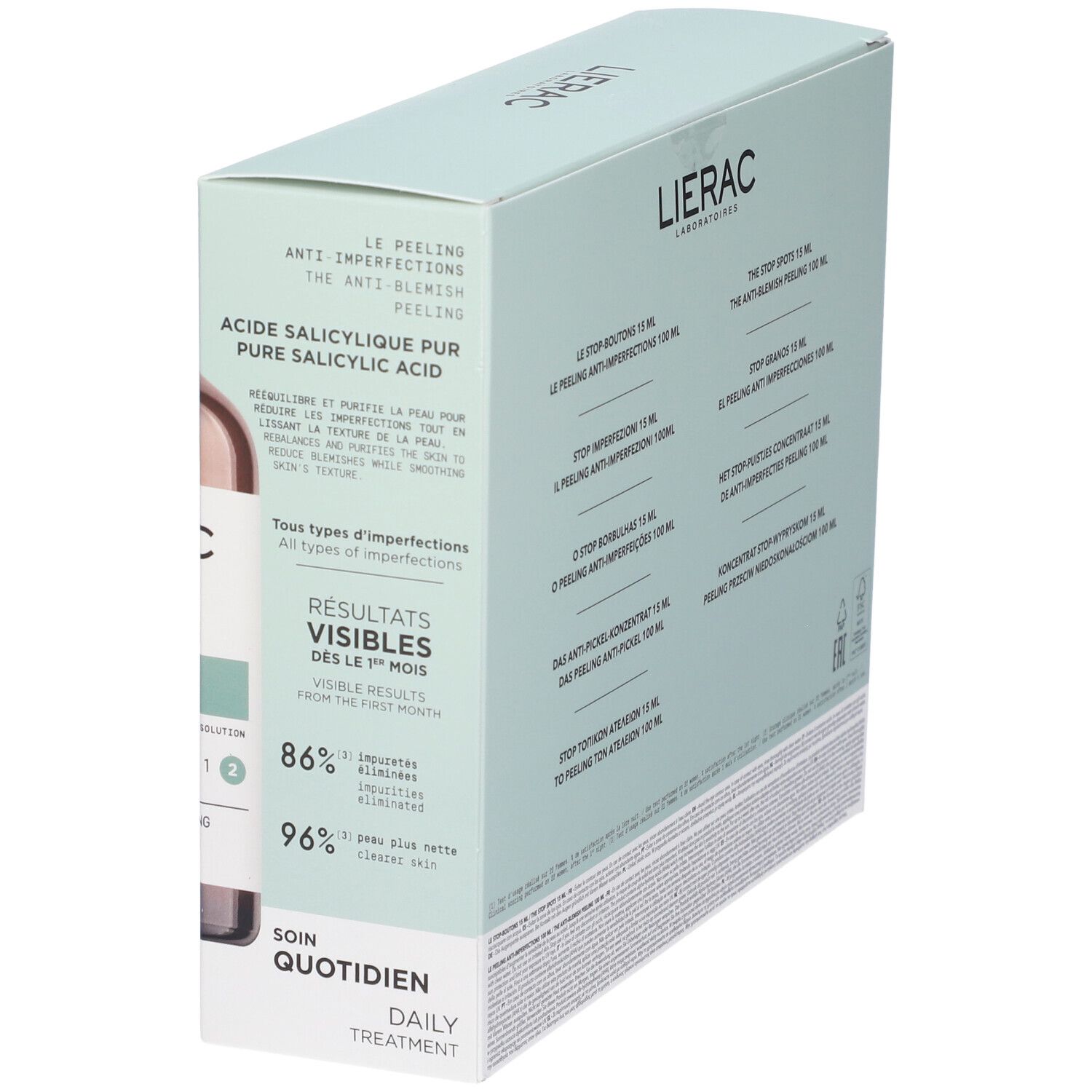 Confezione angolata con testo. Scritta: LIERAC, ACIDE SALICYLIQUE PUR, SOIN QUOTIDIEN.