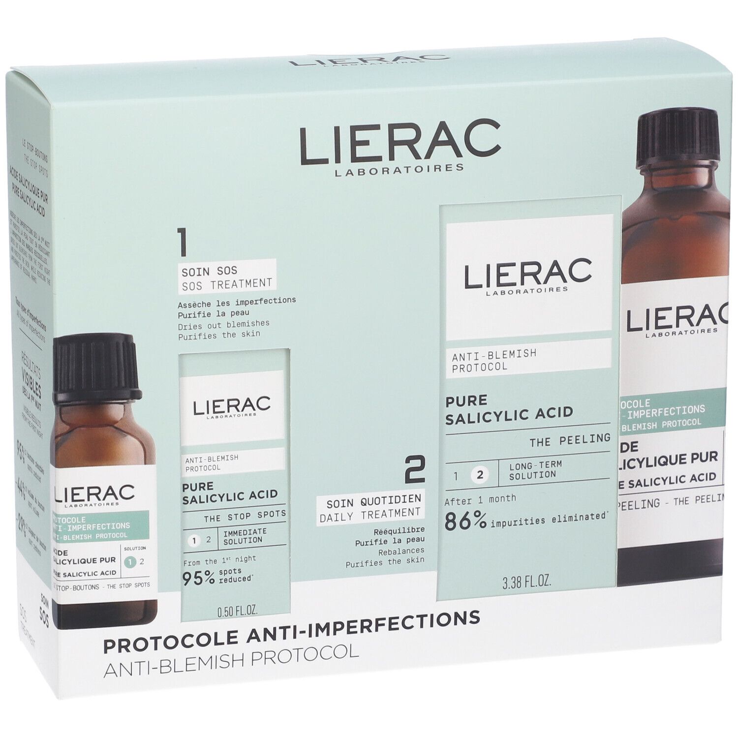 Confezione con due flaconi e due confezioni. Scritta: PROTOCOLO ANTI-IMPERFEZIONI.