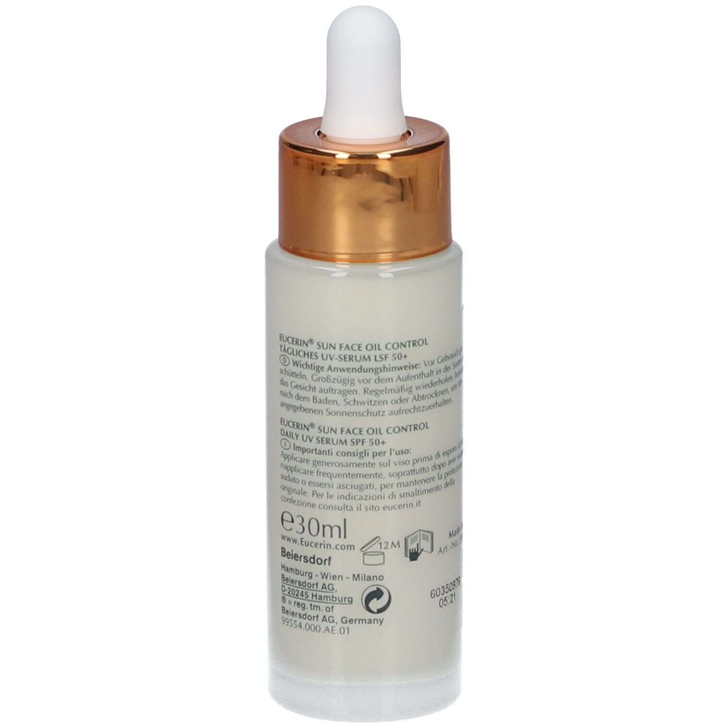 Retro del flacone di siero Eucerin Sun Protection Oil Control. Testo multilingue. Volume: 30ml.