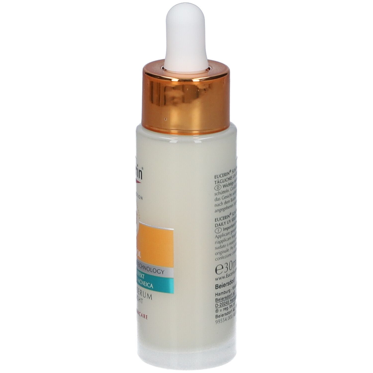 Flacone di siero Eucerin Sun Protection Oil Control. Retro con testo. Volume: 30ml. Tappo dorato.