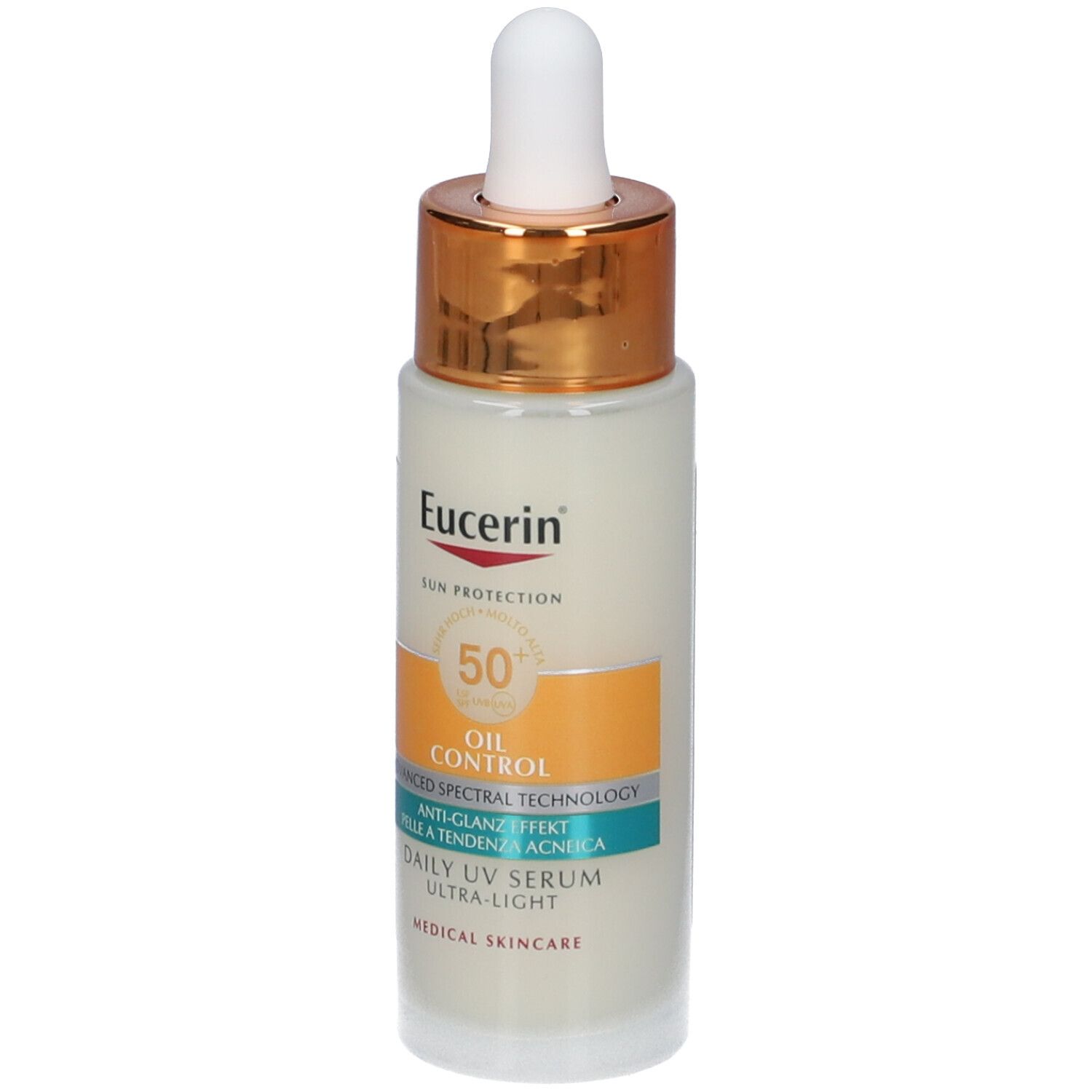 Siero Eucerin Sun Protection Oil Control. Flacone con contagocce. Siero bianco, tappo dorato, SPF 50.