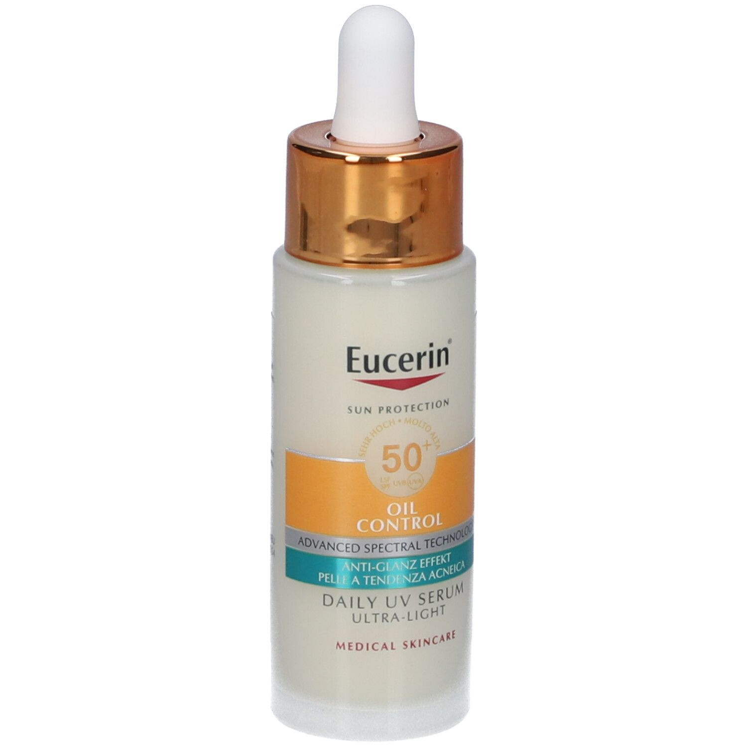 Siero Eucerin Sun Protection Oil Control. Flacone con contagocce. Siero bianco, tappo dorato, SPF 50.