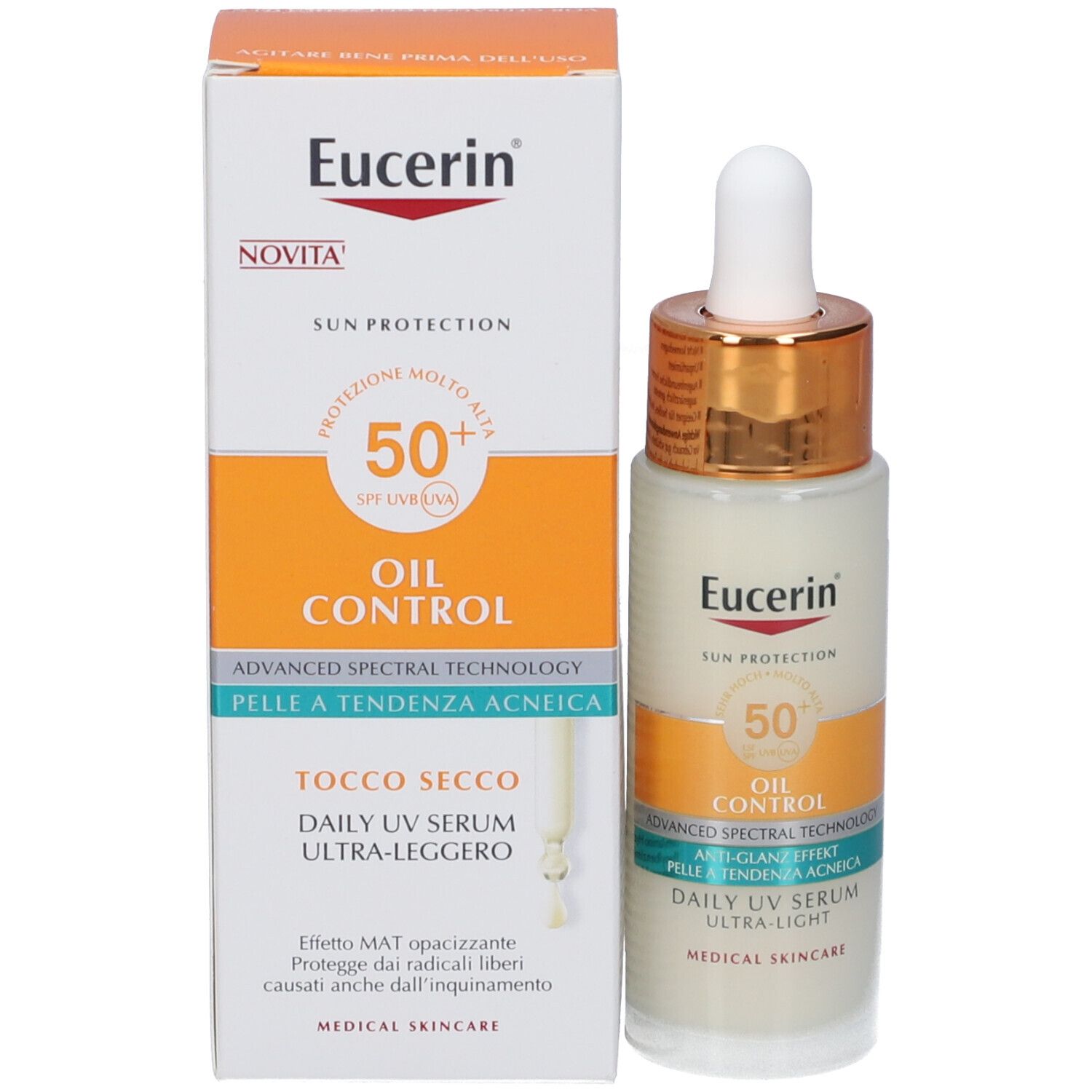 Siero Eucerin Sun Protection Oil Control e confezione. Flacone con contagocce. SPF 50. Confezione arancione.
