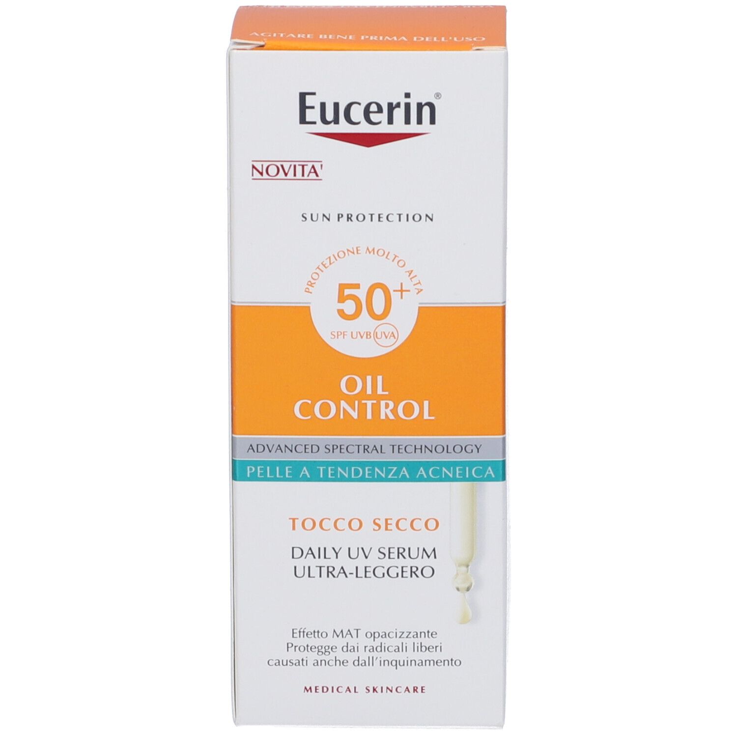 Siero Eucerin Sun Protection Oil Control e confezione. Confezione arancione. Flacone con contagocce.