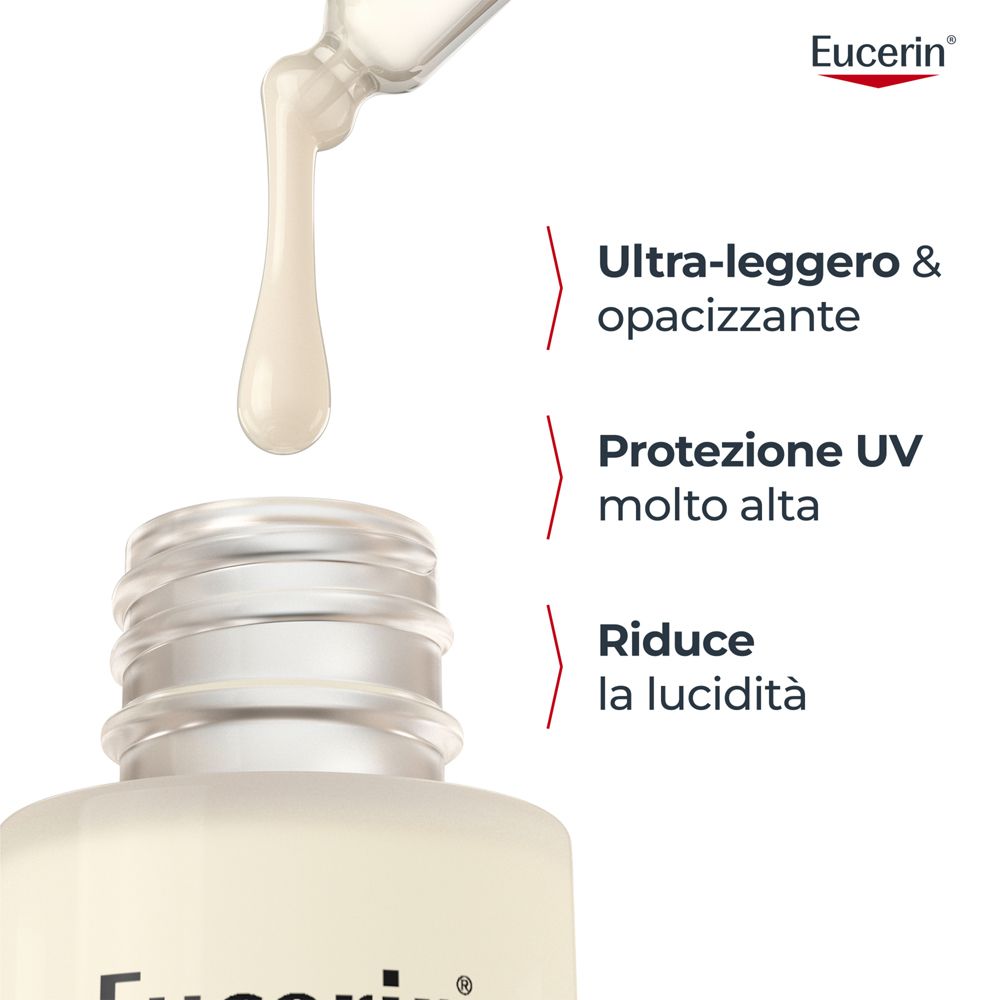 Gocce di Eucerin Oil Control Siero cadono dal contagocce.