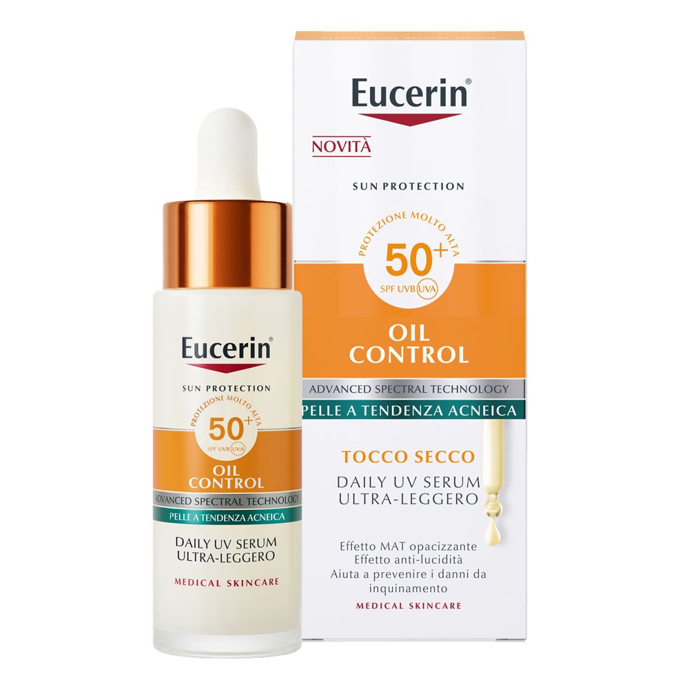 Flacone e scatola Eucerin Oil Control Siero, SPF 50+.