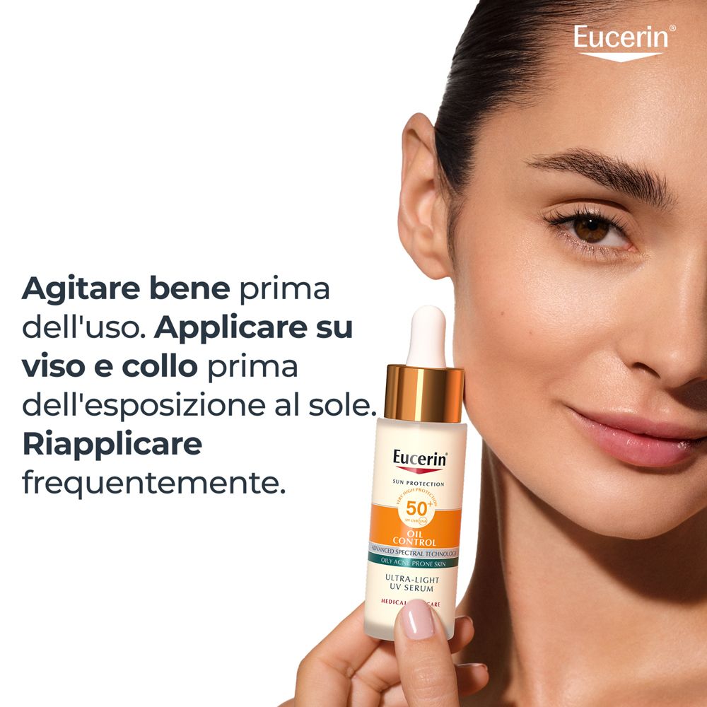 Donna tiene flacone Eucerin Oil Control Siero, SPF 50+.