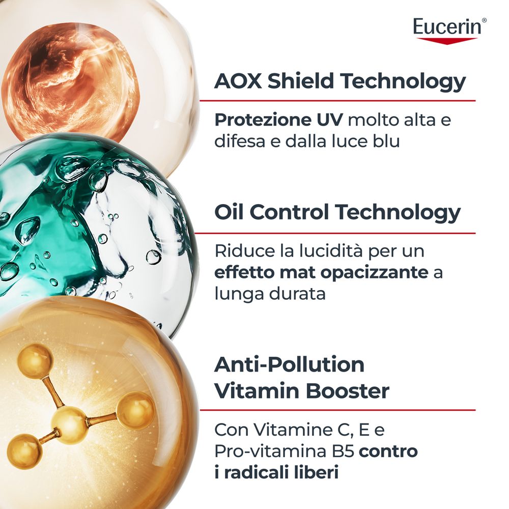 Tecnologia Eucerin AOX Shield, Tecnologia Oil Control, Booster di Vitamine.