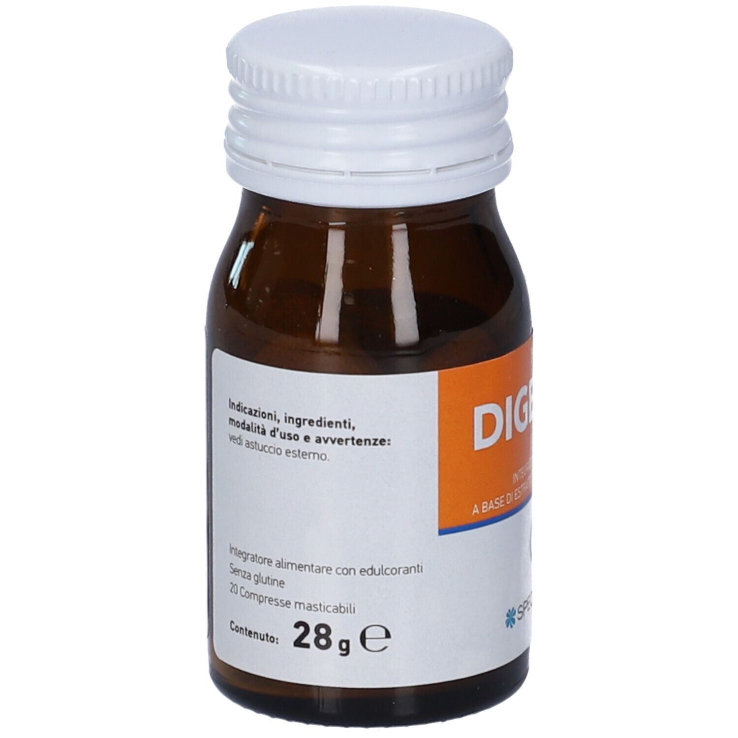 Flacone di vetro marrone con tappo bianco. Etichetta con informazioni sul prodotto. Testo: 28g, 20 Compresse masticabili, Senza glutine.