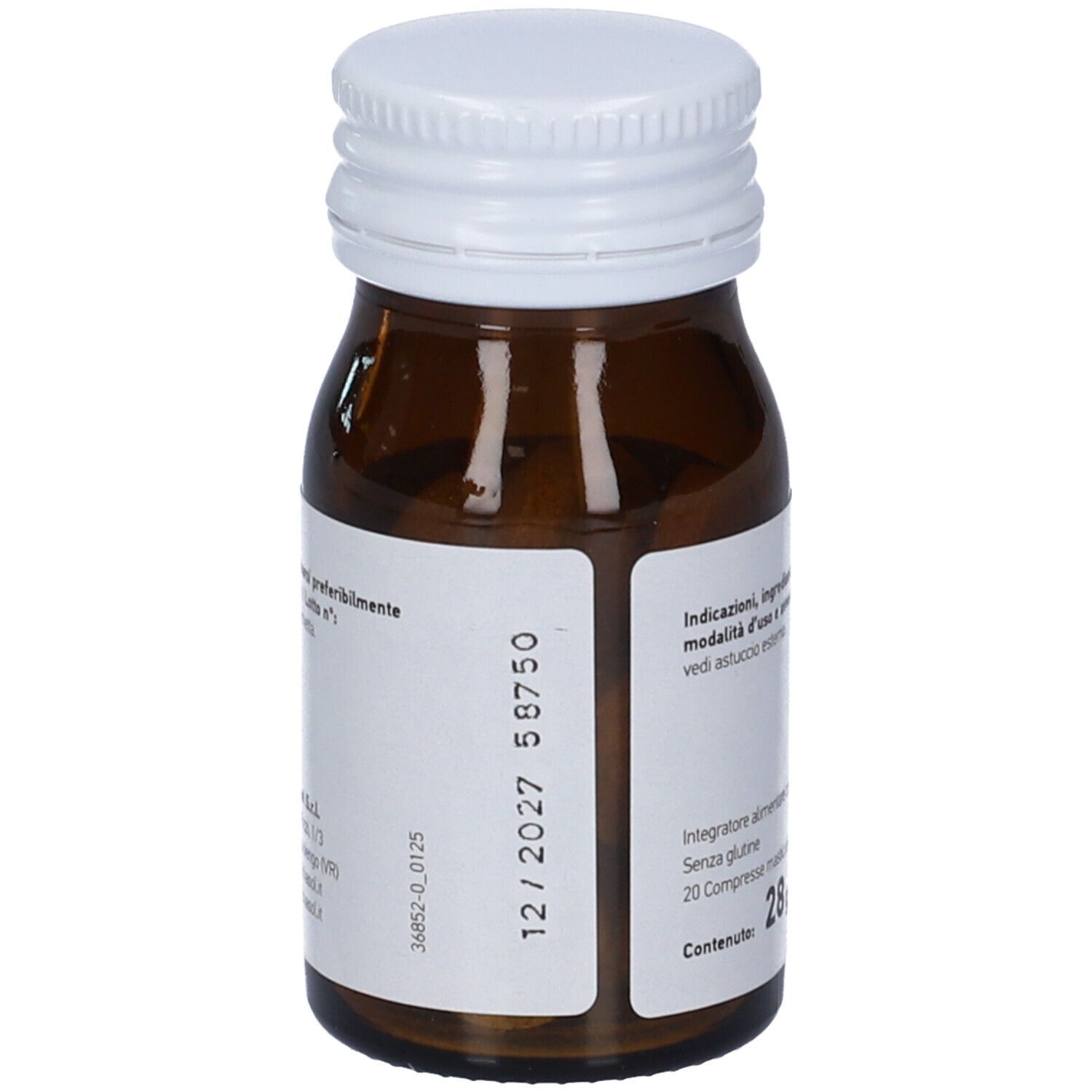 Flacone di vetro marrone con tappo bianco. Etichetta con informazioni sul prodotto. Testo: 12/2027, 58750, 20 Compresse masticabili, Senza glutine.