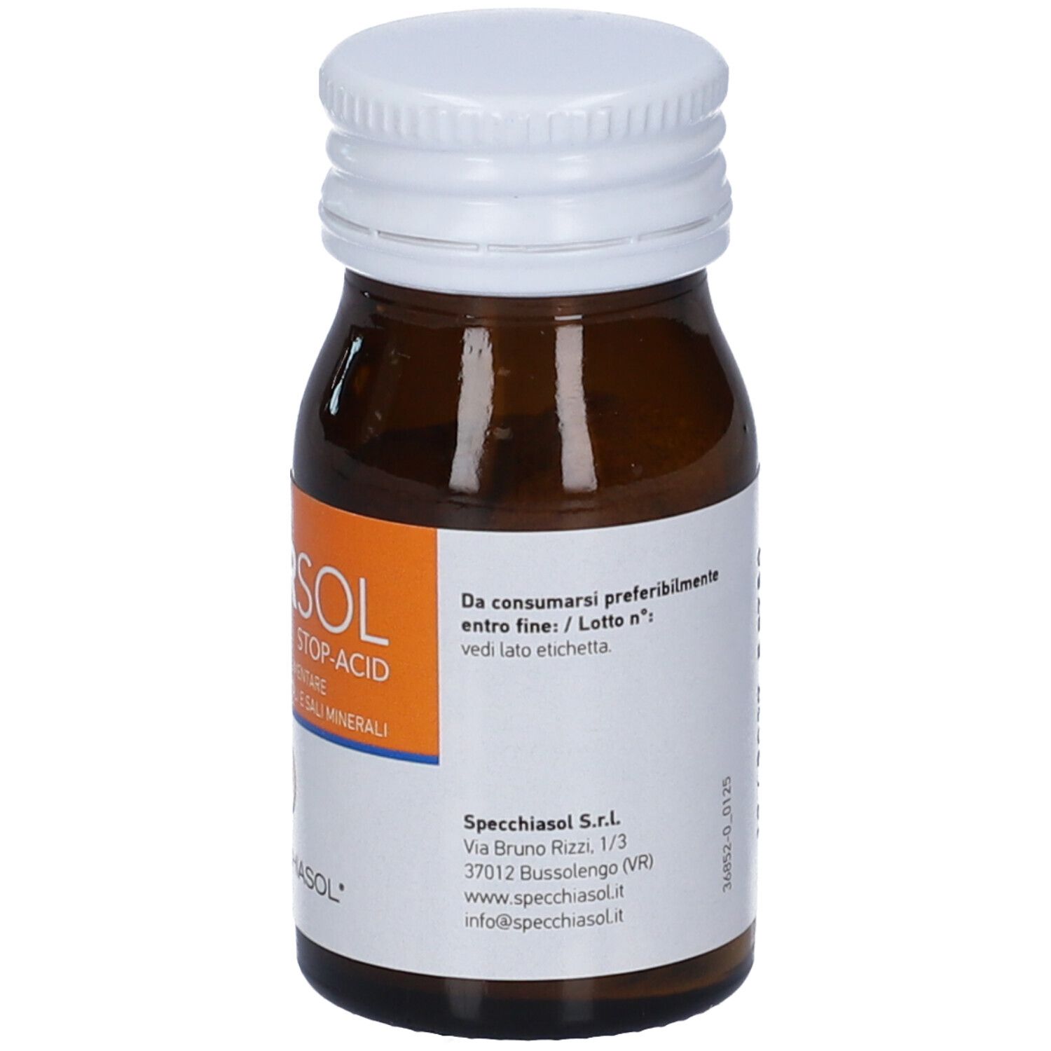 Flacone di vetro marrone con tappo bianco. Etichetta con informazioni sul prodotto. Testo: Da consumarsi preferibilmente entro fine, Specchiasol S.r.l.