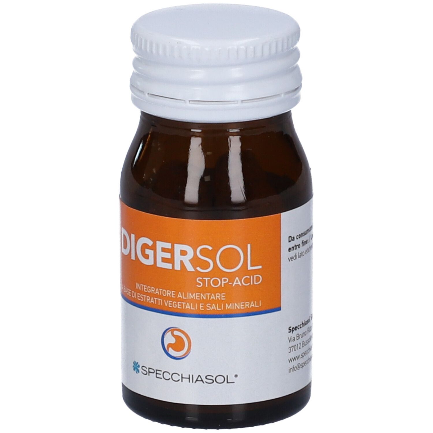 Flacone di vetro marrone con tappo bianco. Etichetta arancione con nome prodotto e marchio. Testo: Digersol Stop-Acid.