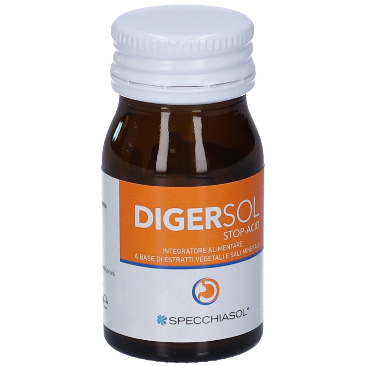 Flacone di vetro marrone con tappo bianco. Etichetta arancione con nome prodotto e marchio. Testo: Digersol Stop-Acid.