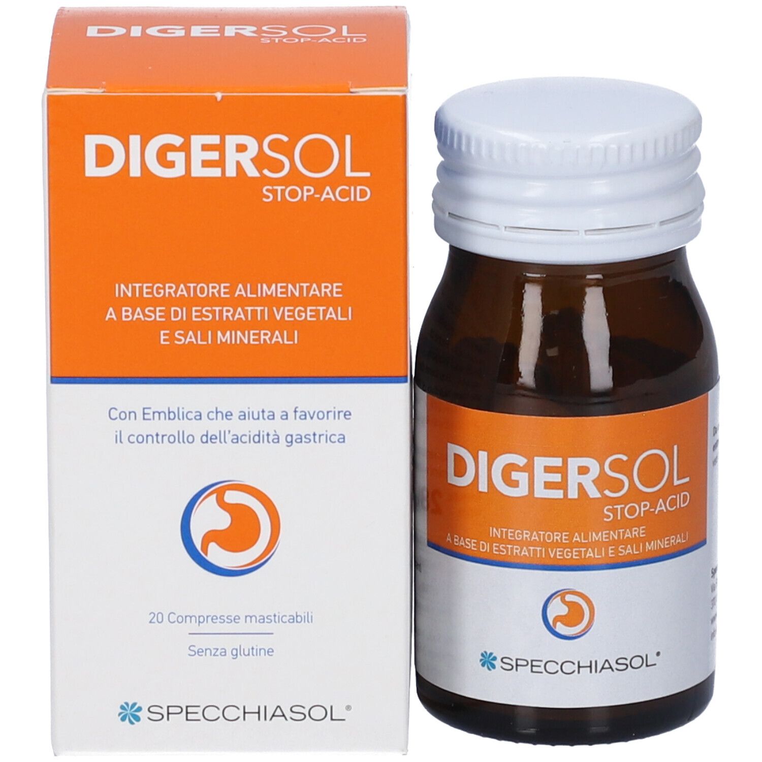 Flacone e confezione del prodotto. Scatola arancione e flacone marrone. Testo: Digersol Stop-Acid, 20 Compresse masticabili.