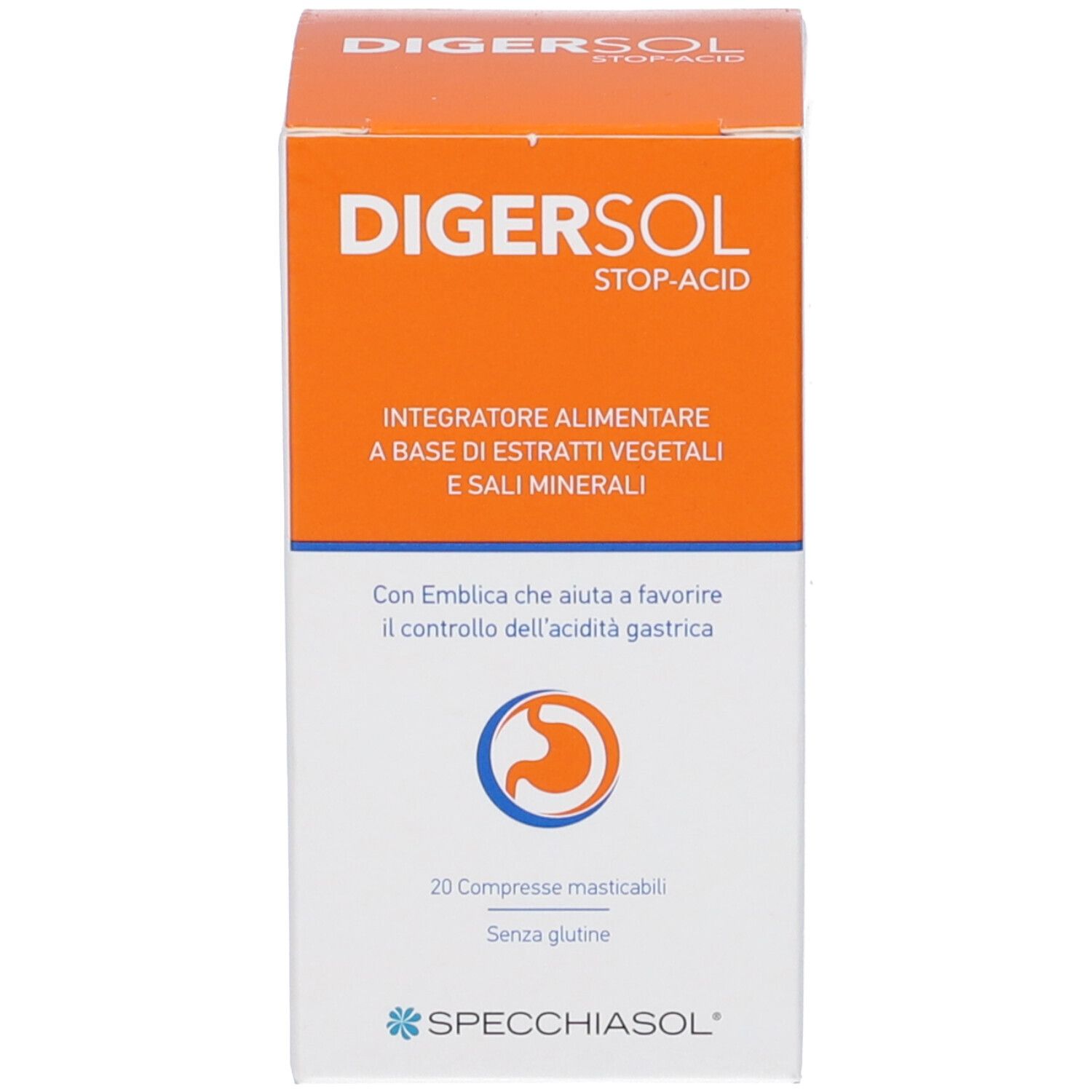 Confezione del prodotto arancione. Testo: Digersol Stop-Acid, 20 Compresse masticabili, Senza glutine.