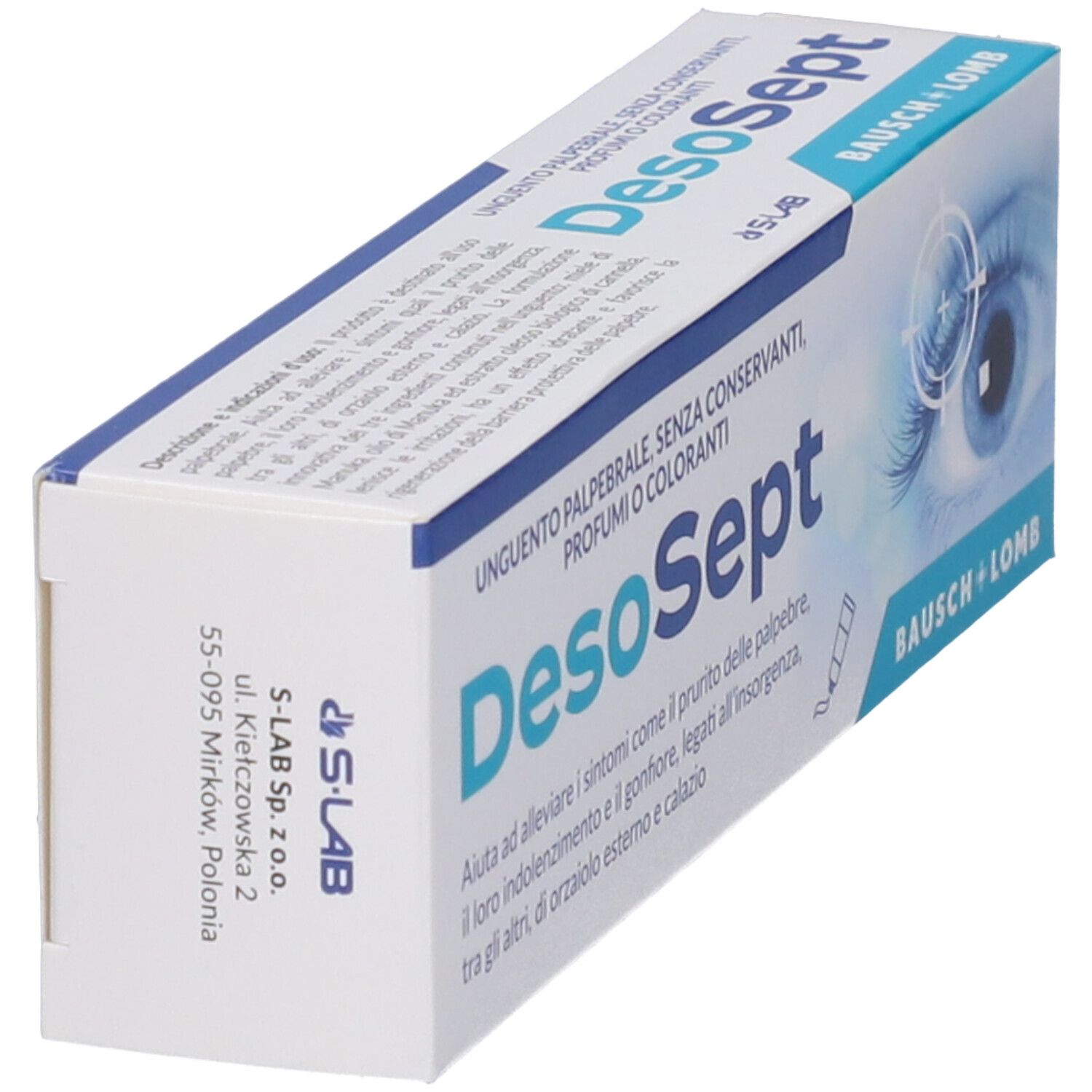 Scatola DesoSept, angolata. Marchio Bausch + Lomb. Stampa: S-LAB Sp. z o.o.
