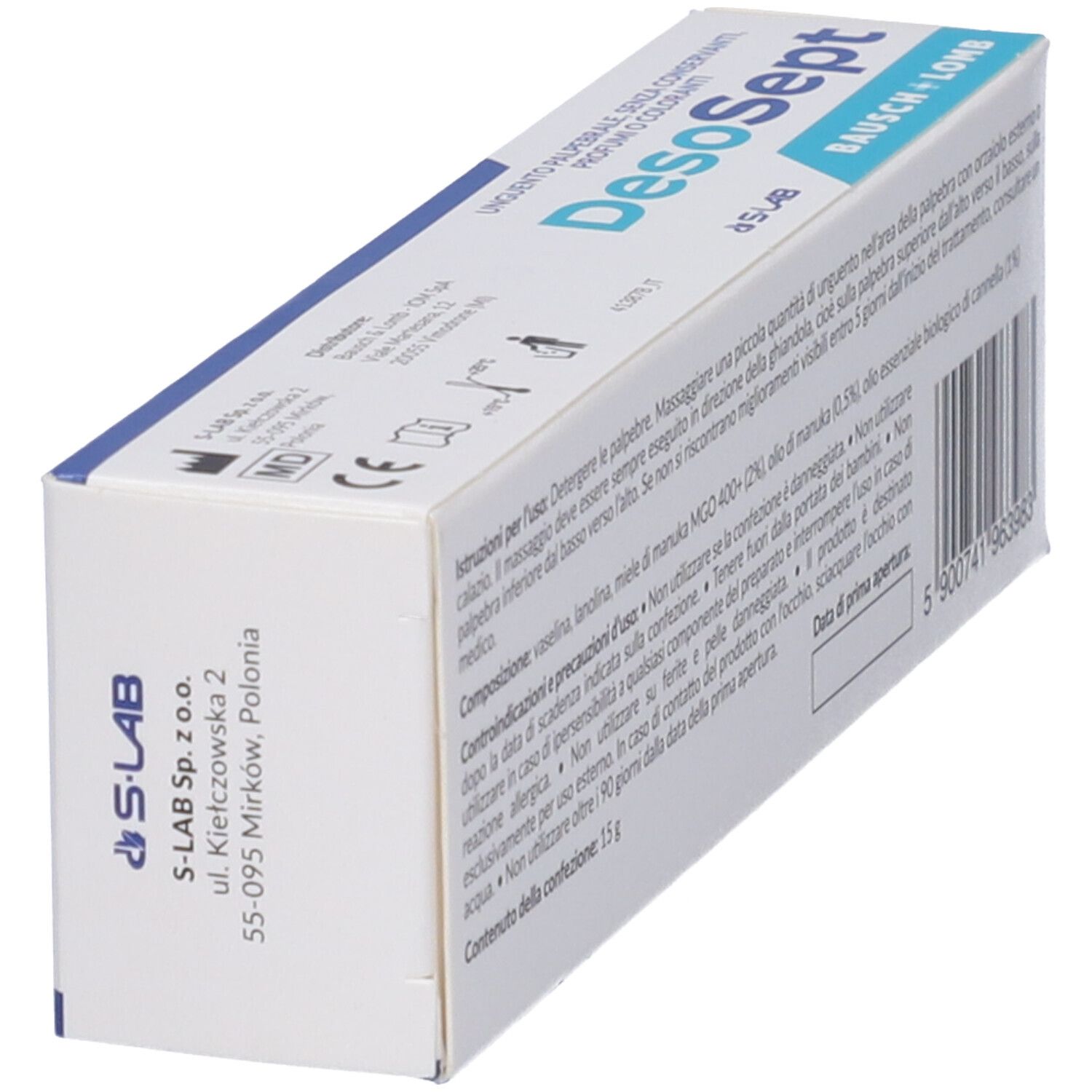 Scatola DesoSept, angolata. Testo e marchio Bausch + Lomb.