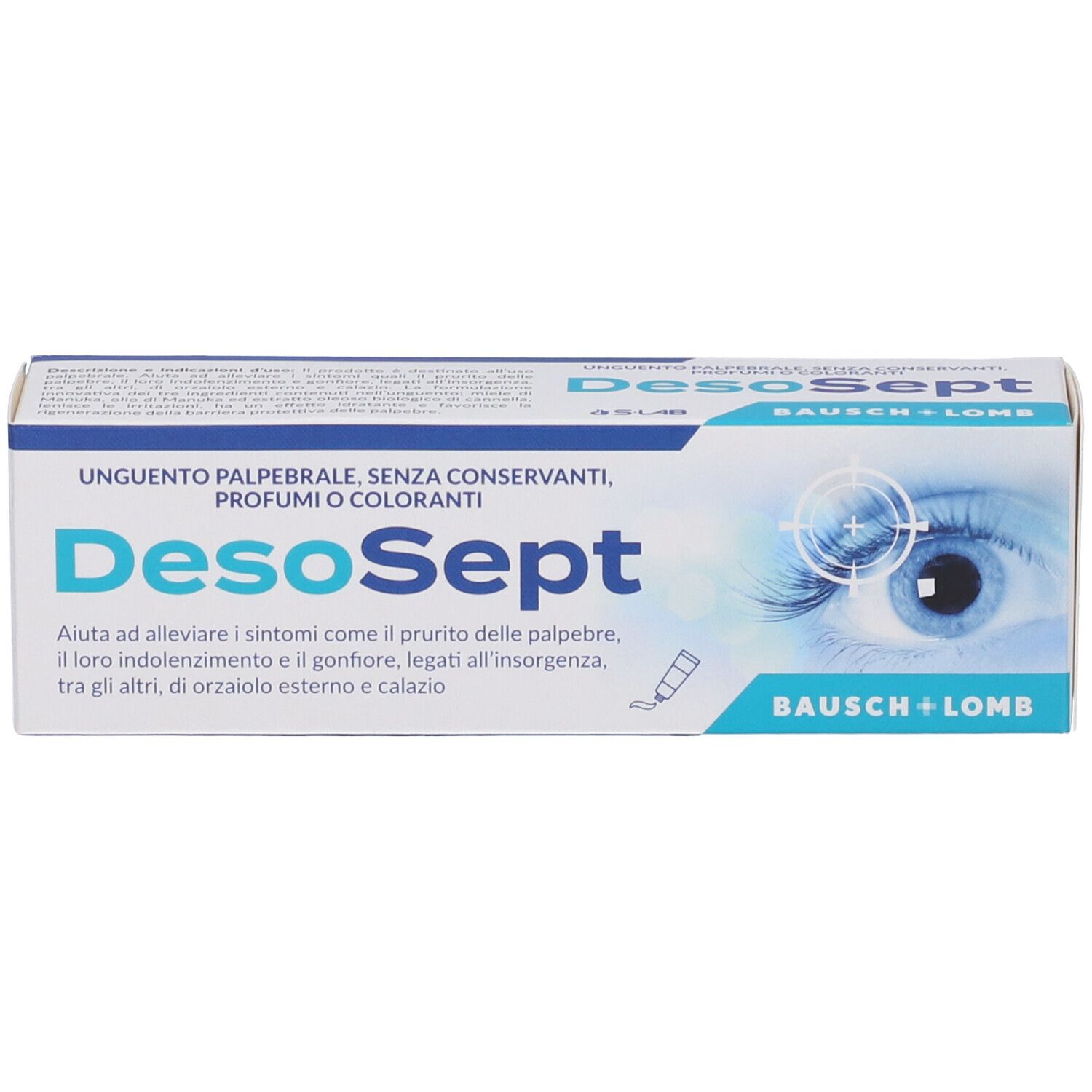 Scatola DesoSept. Marchio Bausch + Lomb. Nome prodotto e immagine occhio.