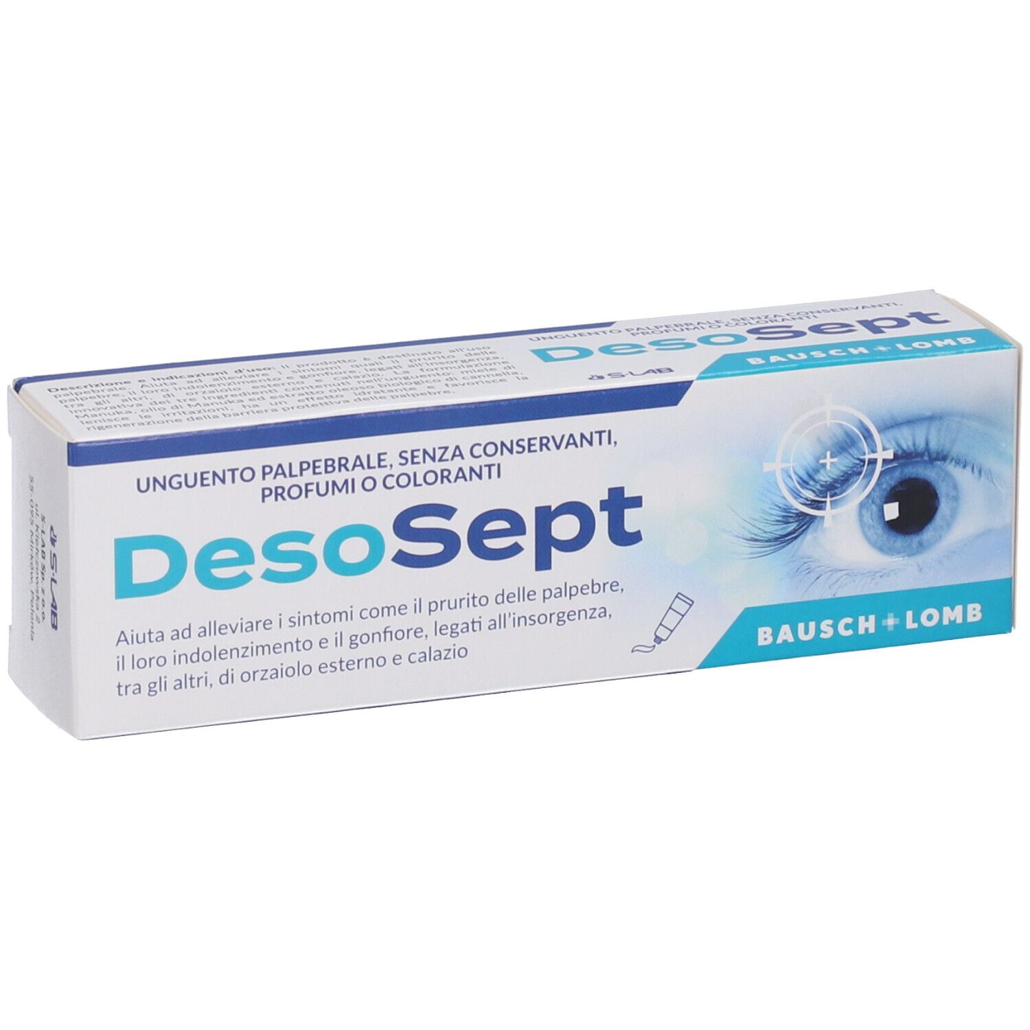 Scatola DesoSept. Marchio Bausch + Lomb. Nome prodotto e immagine occhio.
