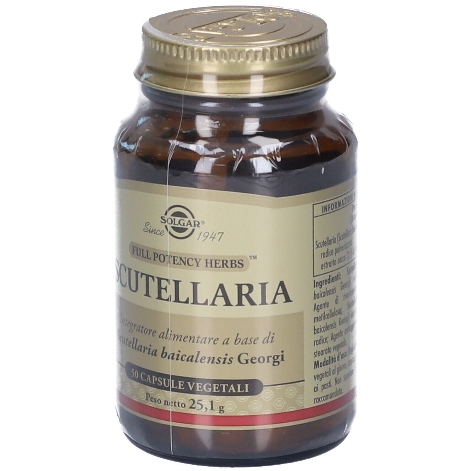 Solgar Scutellaria Capsule: flacone in vetro ambra da 50 capsule vegetali. Etichetta con dettagli.