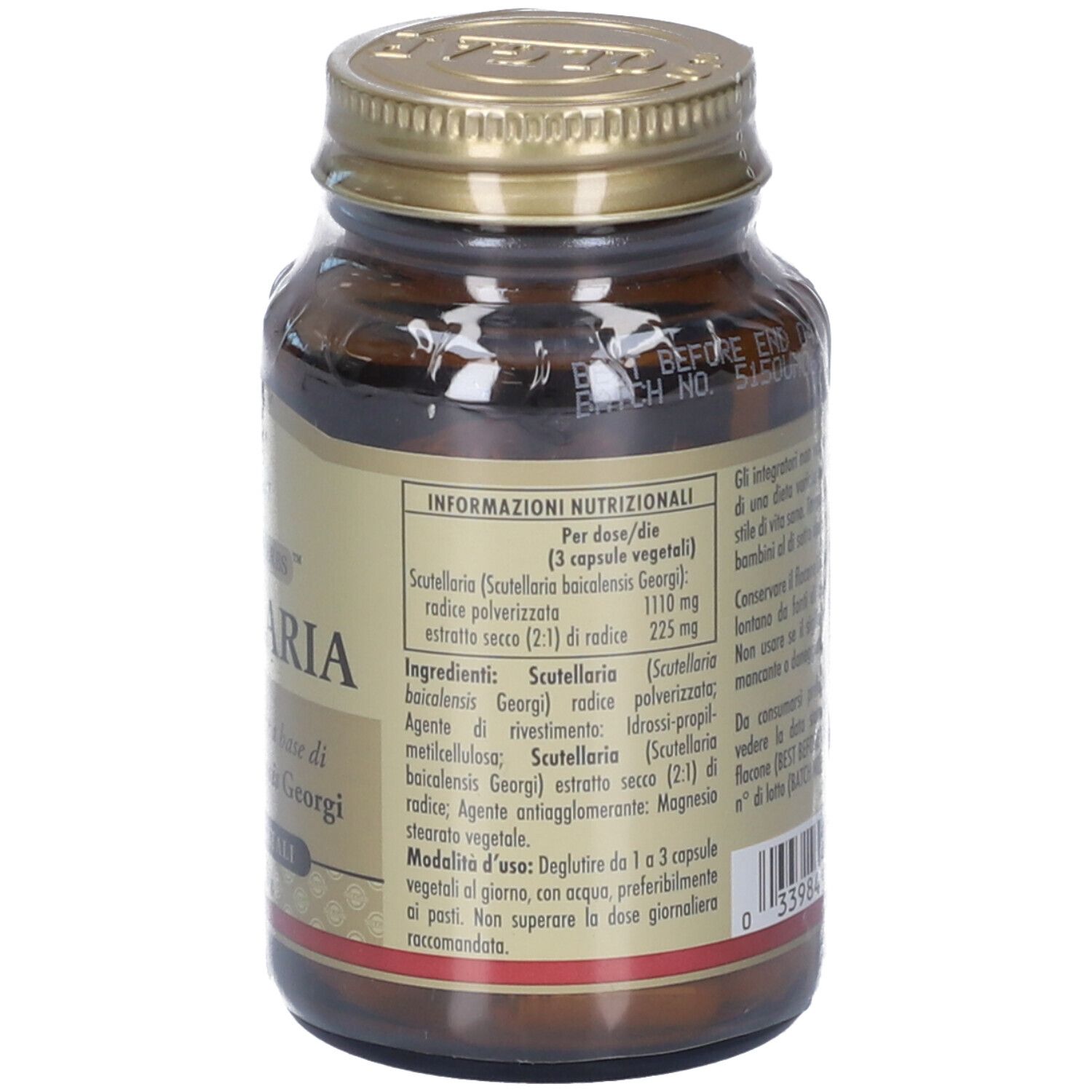 Retro flacone Solgar Scutellaria: informazioni nutrizionali e ingredienti. "Informazioni Nutrizionali".