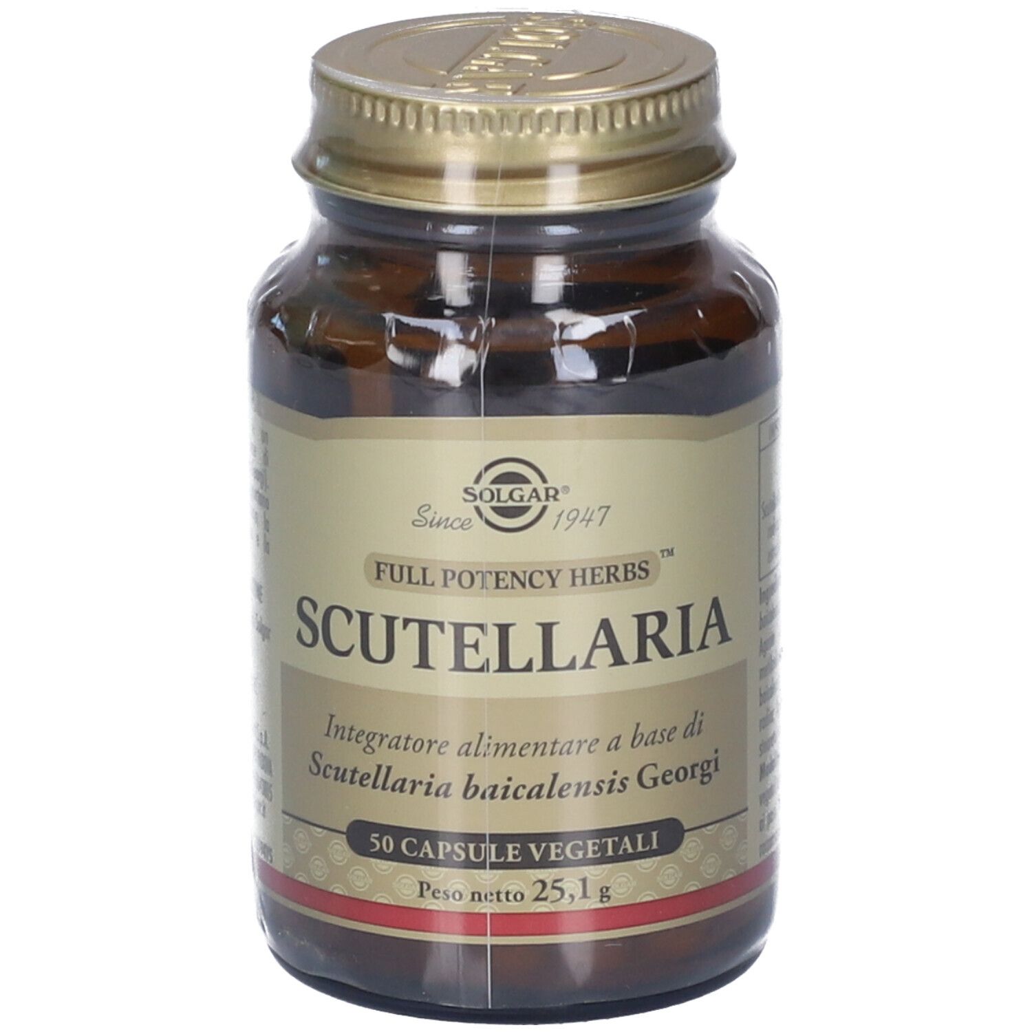 Solgar Scutellaria Capsule: flacone in vetro ambra da 50 capsule vegetali. Vista frontale.