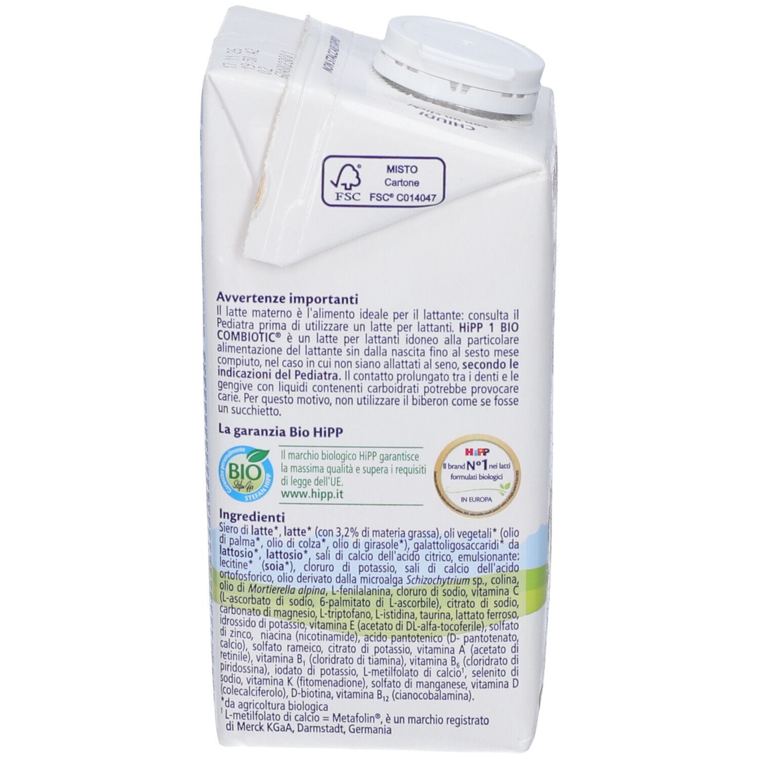 Retro della confezione con testo. Contiene informazioni sugli ingredienti, garanzia bio, certificazione FSC e avvertenze.