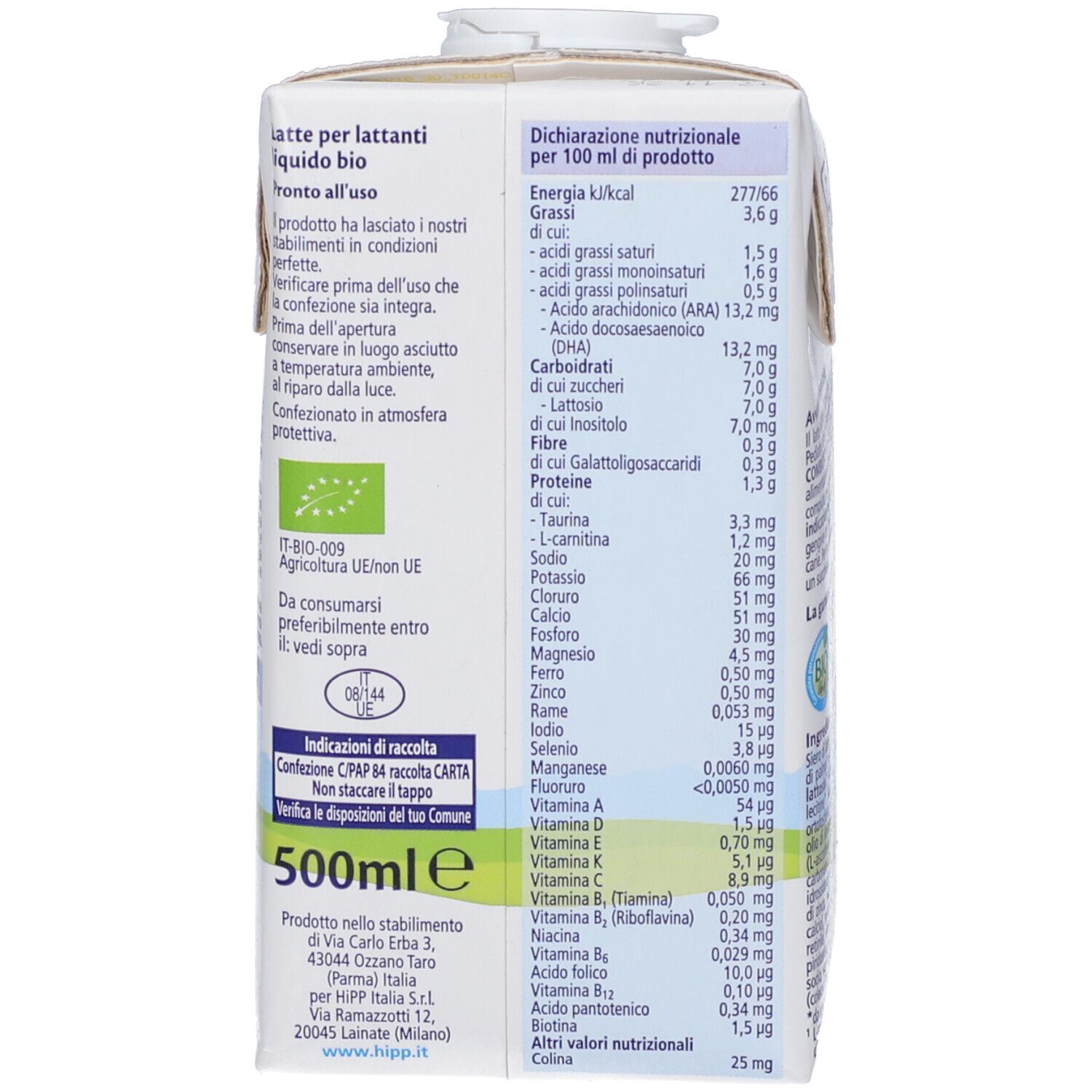 Lato della confezione con informazioni nutrizionali per 100 ml. Contiene informazioni su energia, grassi, carboidrati, proteine e minerali.