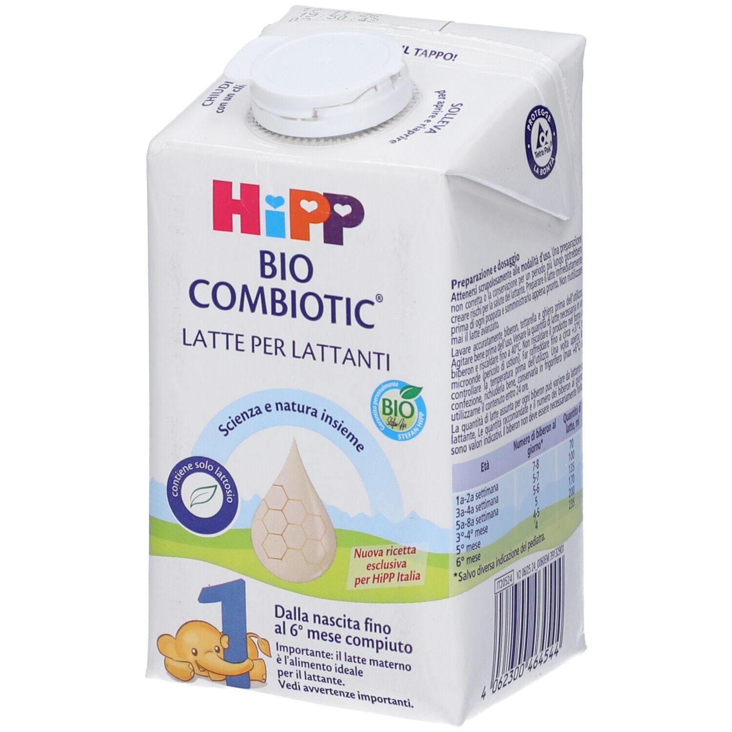 Confezione bianca HiPP Bio Combiotic Latte per Lattanti. Logo bio, goccia illustrata, numero 1, illustrazione bambino.