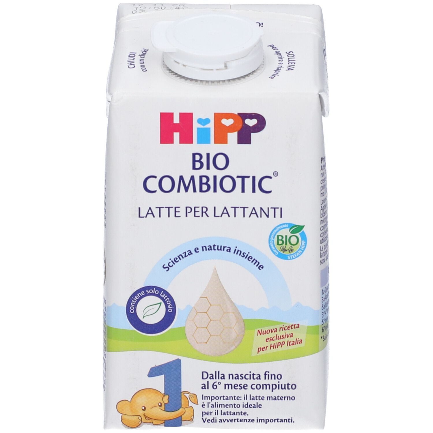 Confezione bianca HiPP Bio Combiotic Latte per Lattanti. Logo bio, goccia illustrata, numero 1, illustrazione bambino.
