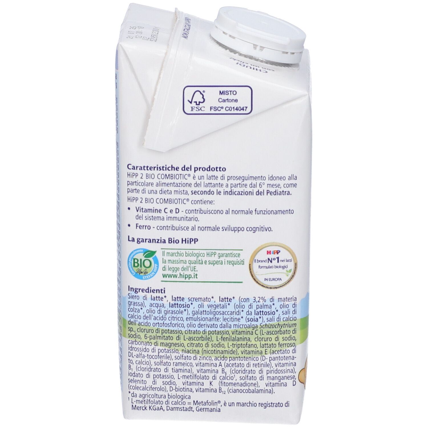 Retro della confezione di latte. Testo sul prodotto, ingredienti e informazioni nutrizionali. Sigillo Bio e logo FSC.