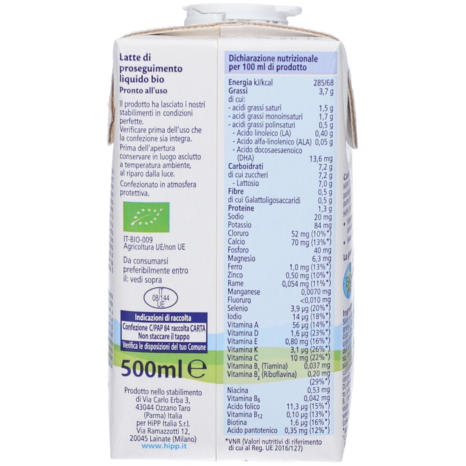 Lato della confezione di latte con informazioni nutrizionali per 100 ml. Contiene 500 ml. Sigillo Bio e logo UE.