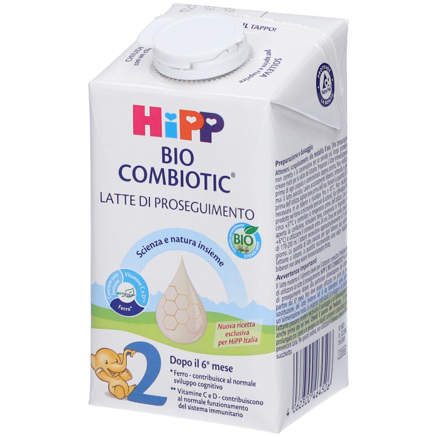 Confezione di latte Hipp Bio Combiotic. Scritto: Latte di Proseguimento 2. Sigillo Bio e simbolo goccia. Contiene ferro e vitamine C e D.