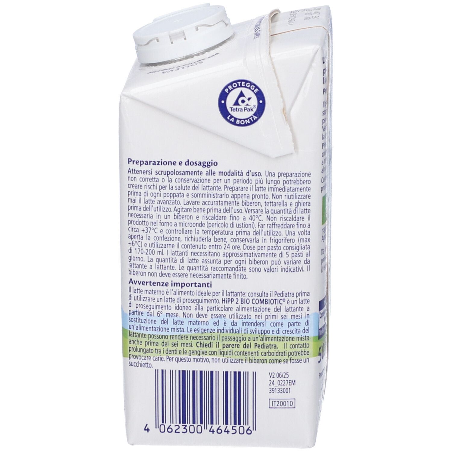 Lato della confezione di latte con istruzioni per la preparazione e il dosaggio. Logo Tetra Pak. Testo in italiano.