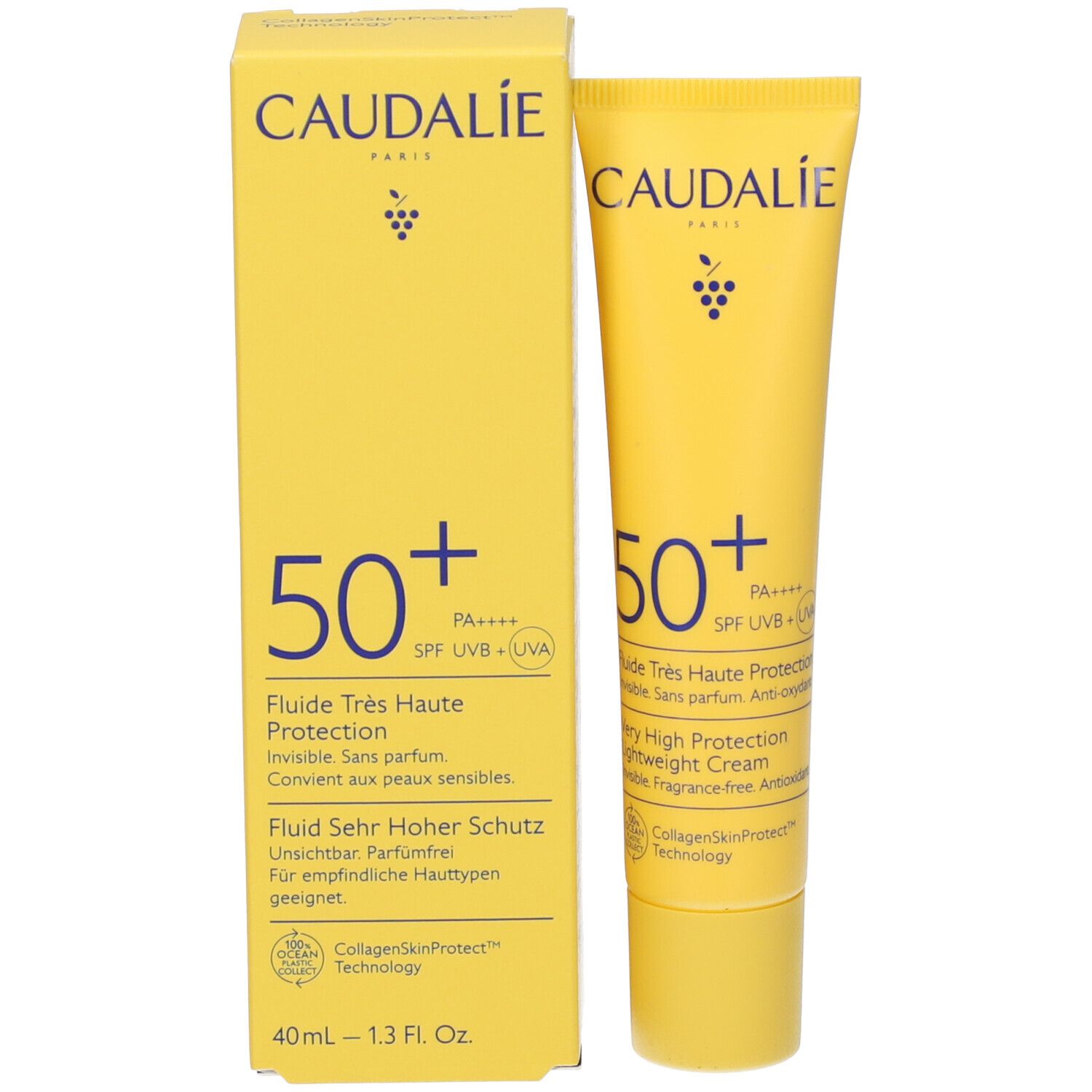 Scatola e tubo gialli. Sulla scatola, CAUDALIE PARIS. Sotto 50+ e altre informazioni. Scritta: Fluide Très Haute Protection.