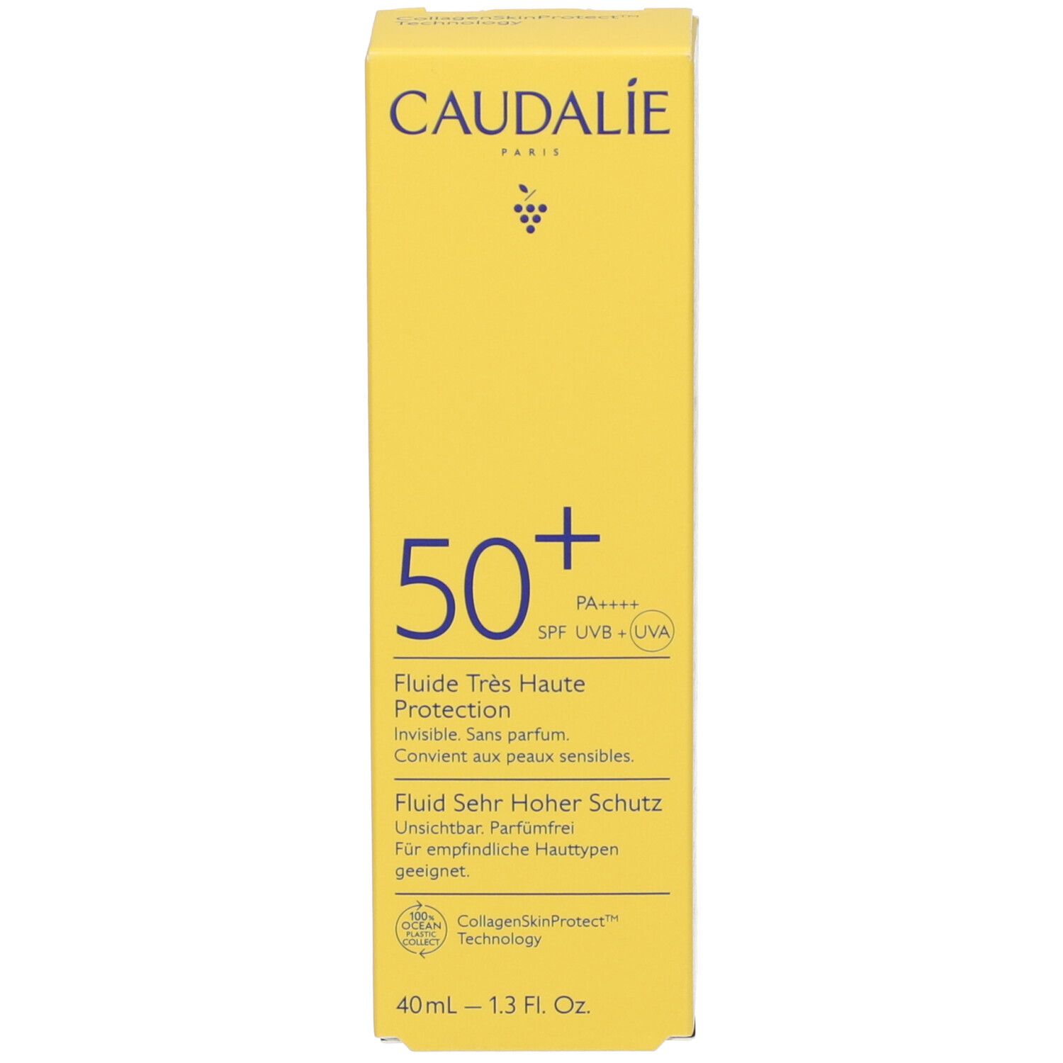 Scatola gialla con testo bianco. CAUDALIE PARIS in alto. Sotto 50+ e altre informazioni. Scritta: Fluide Très Haute Protection.
