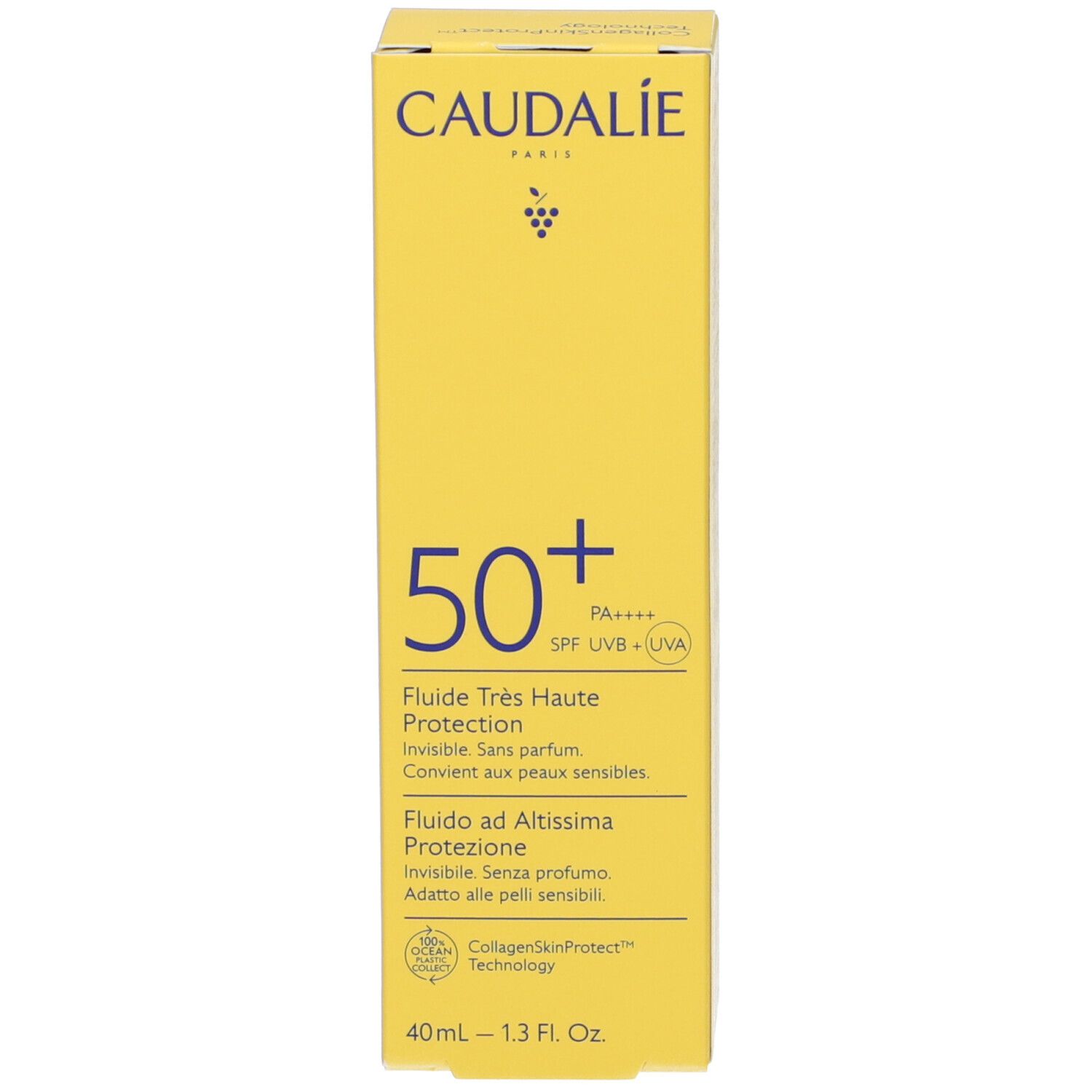 Scatola gialla con testo bianco. CAUDALIE PARIS in alto. Sotto 50+ e altre informazioni. Scritta: Fluide Très Haute Protection.