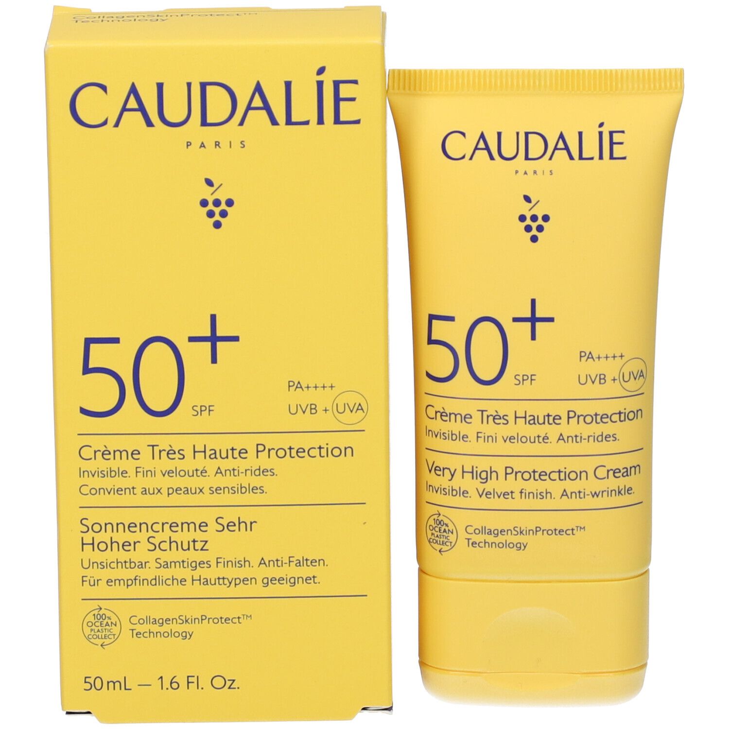 Scatola e tubo gialli. CAUDALIE, 50+ SPF, Crema solare. Loghi e testo.