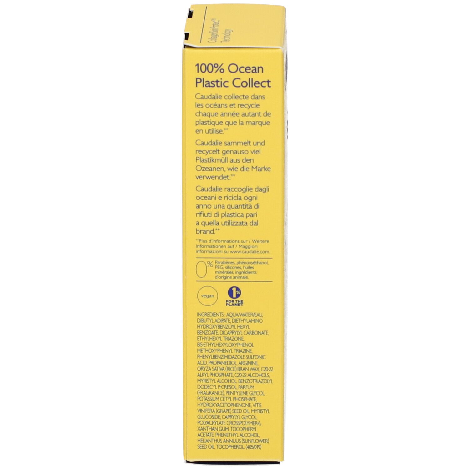 Retro della scatola gialla. Testo sul riciclo, ingredienti e contatti.