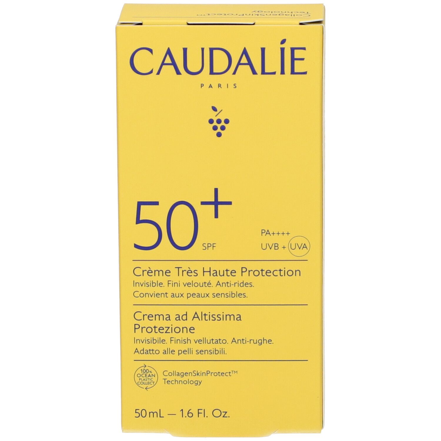Scatola gialla CAUDALIE, 50+ SPF, Crema ad Altissima Protezione. Loghi e testo.