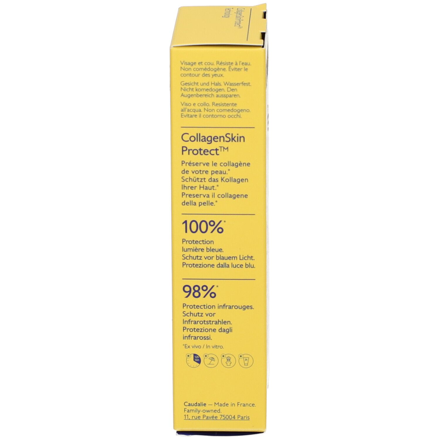 Lato della scatola gialla. Informazioni sulla protezione, ingredienti e contatti.