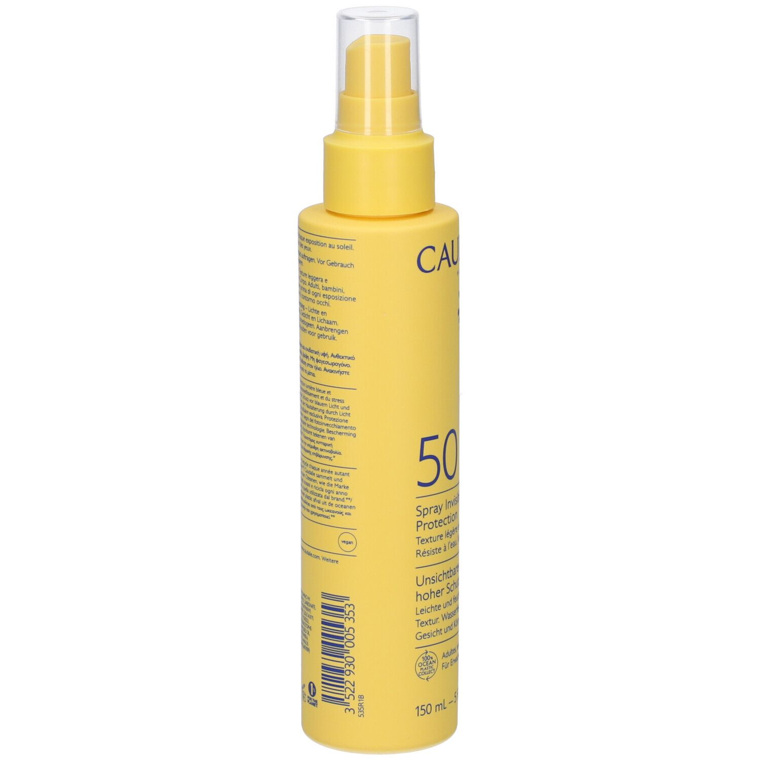 Retro del flacone spray giallo. Testo con ingredienti e informazioni. Contiene 150 ml.