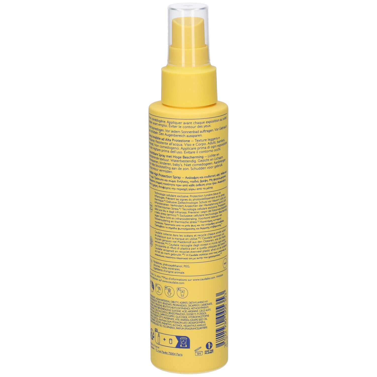 Retro del flacone spray giallo. Testo con ingredienti e informazioni. Contiene 150 ml.