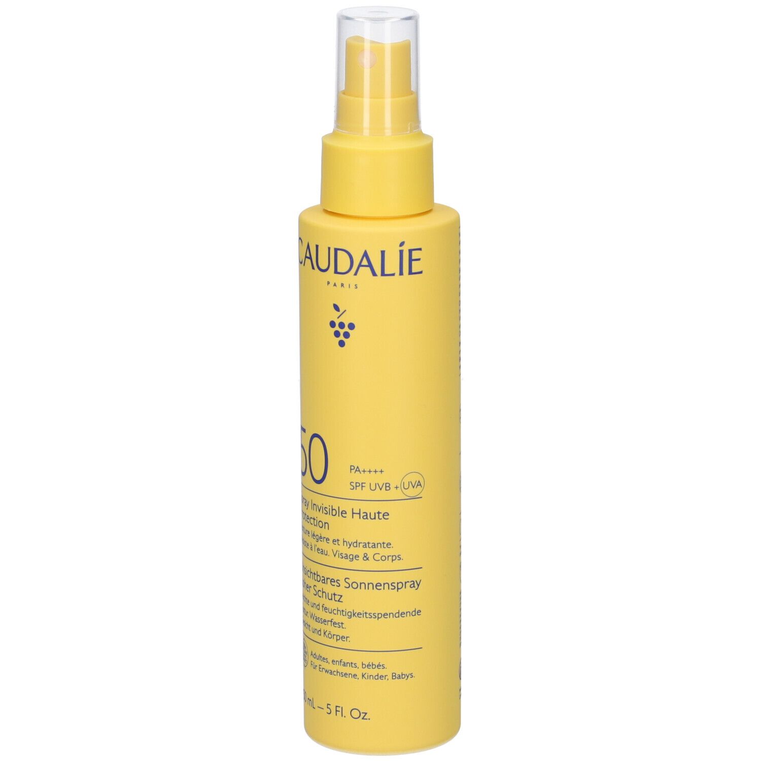 Flacone spray giallo con tappo bianco. Scritta Caudalie, 50, Spray Invisible Haute Protection. Contiene 150 ml.