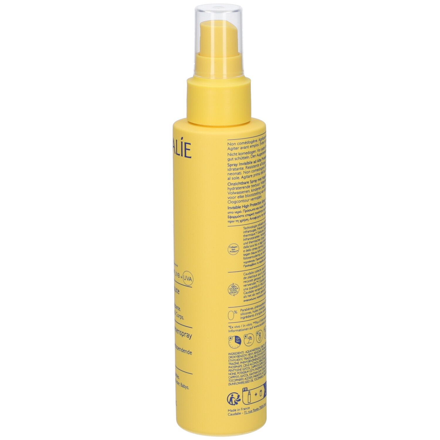 Retro del flacone spray giallo. Testo con ingredienti e informazioni. Contiene 150 ml.