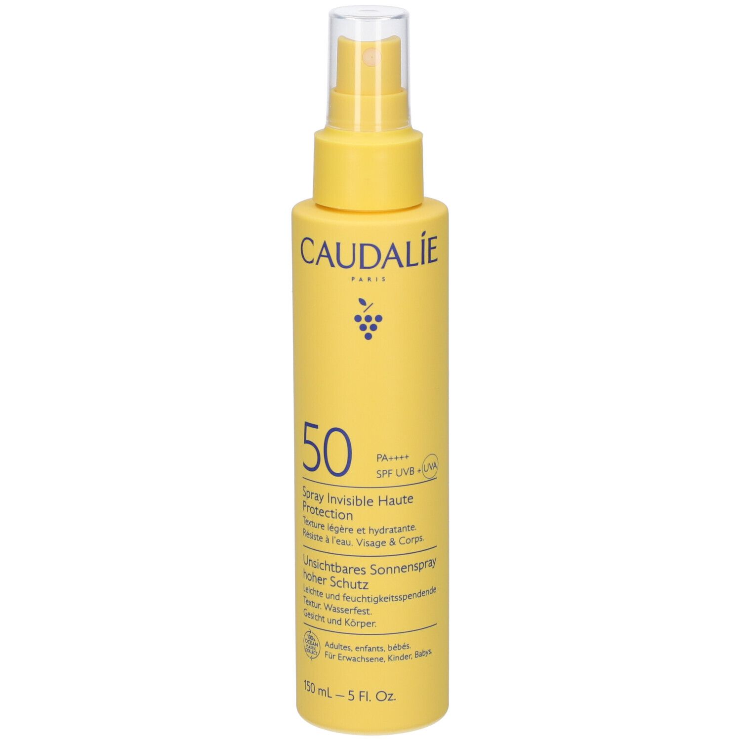 Flacone spray giallo con tappo bianco. Scritta Caudalie, 50, Spray Invisible Haute Protection. Contiene 150 ml.