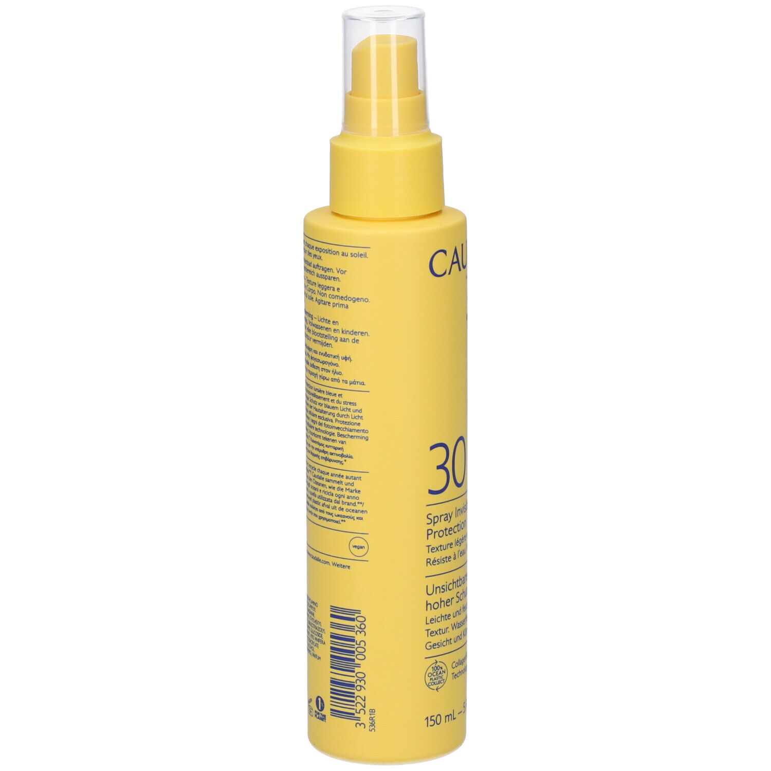 Flacone spray giallo, retro con testo. Scritta: 3 522930 053630. Informazioni e simboli.